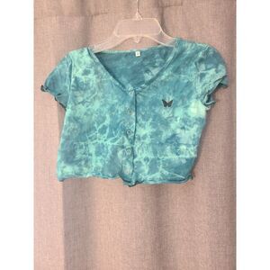 Teal Tie-Dye Baby Tee w/ Butterfly Embroidery 🦋
